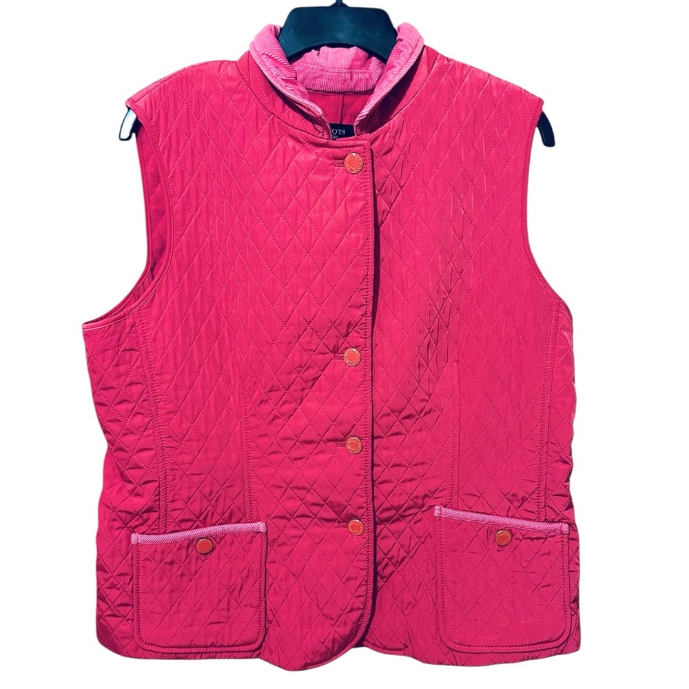 TALBOTS pink button front quilted vest with corduroy collar size Large